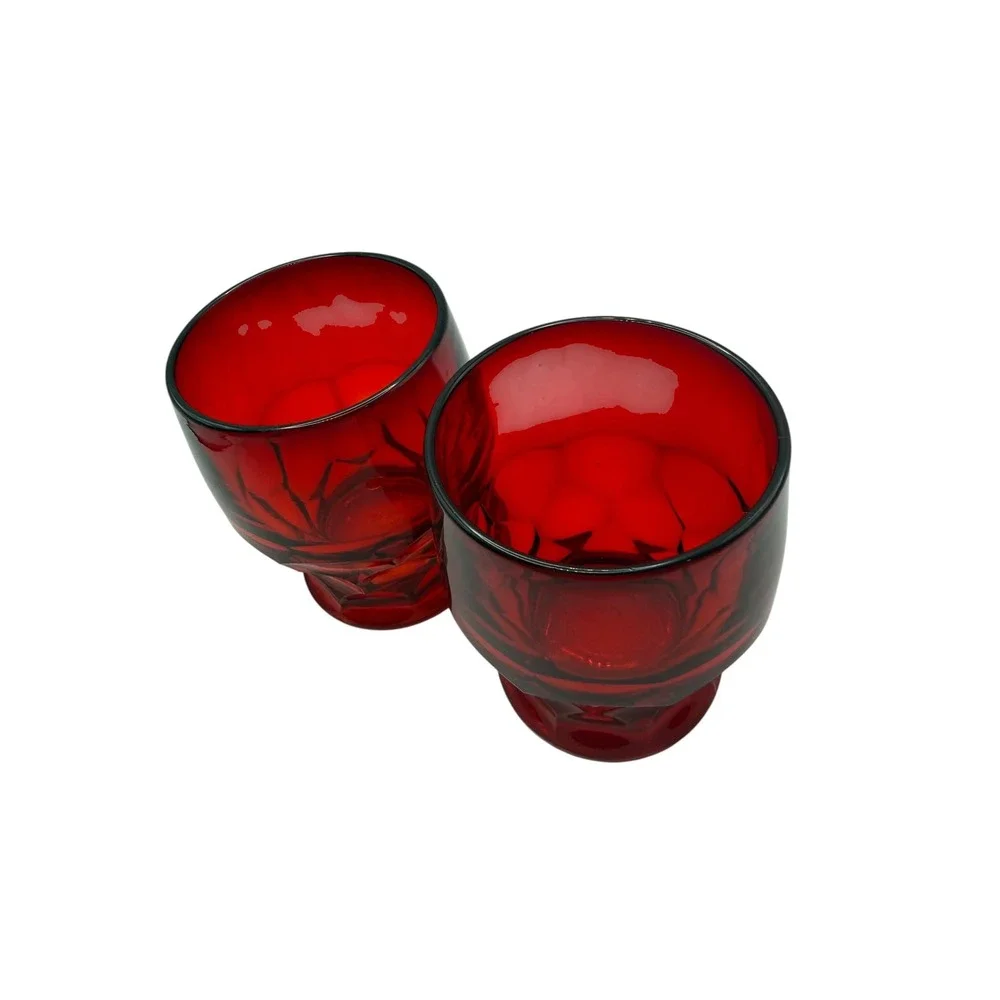Vintage Ruby Red Textured Faceted Juice Glasses Set of 2 Crimson Tumblers